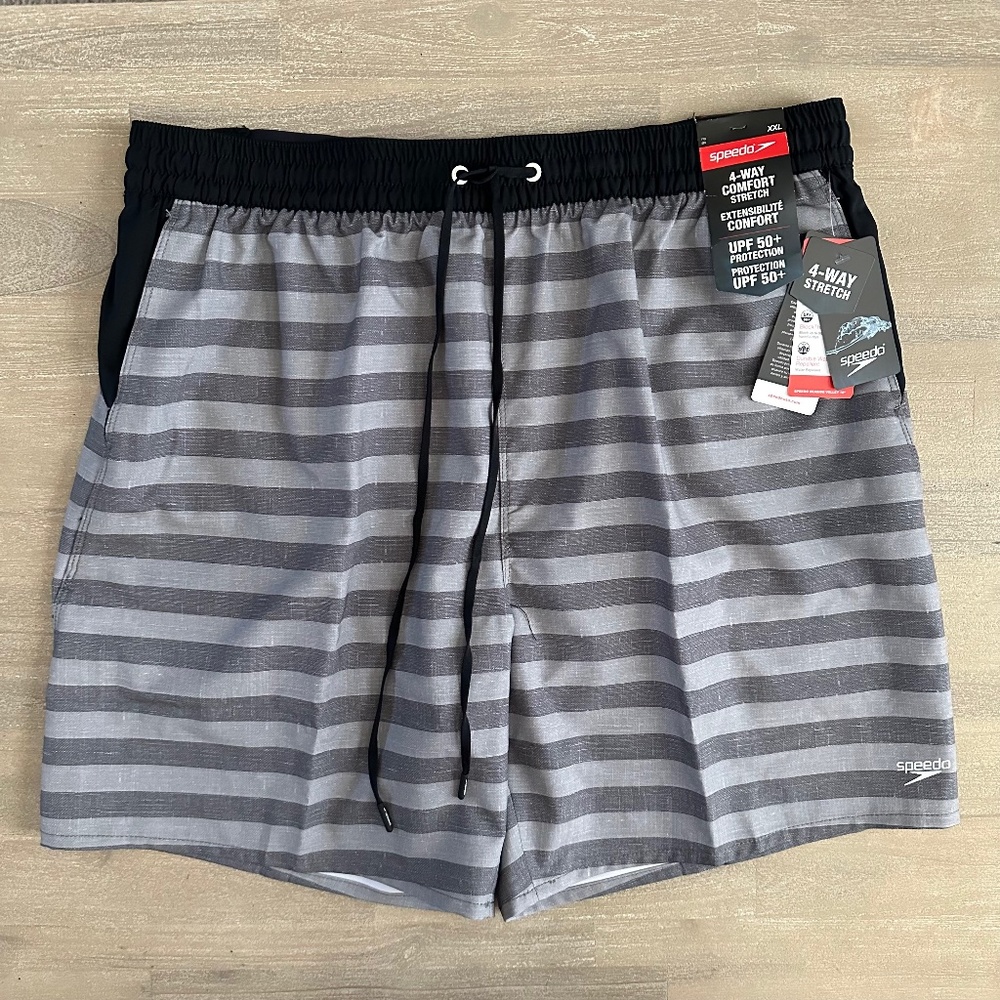Speedo Comfort Stretch Stripped Swim Shorts Trunks 18” Mens Size XXL Gray Black